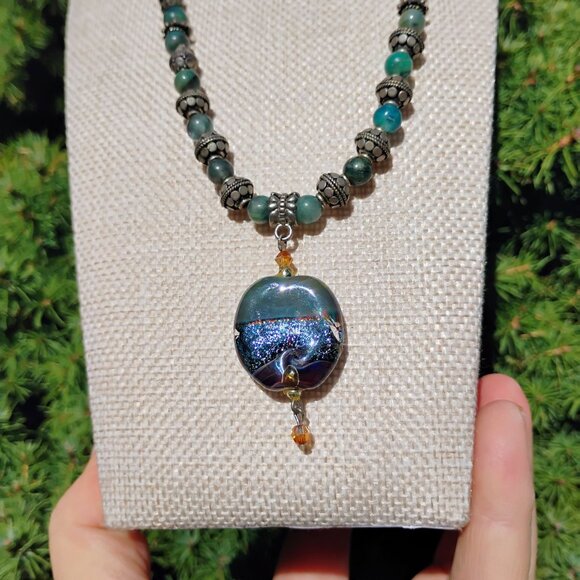 OOAK Dichroic Glass Pendant on Chain w/Sterling Silver Jade & Gemstone Beads 18" - Picture 5 of 7
